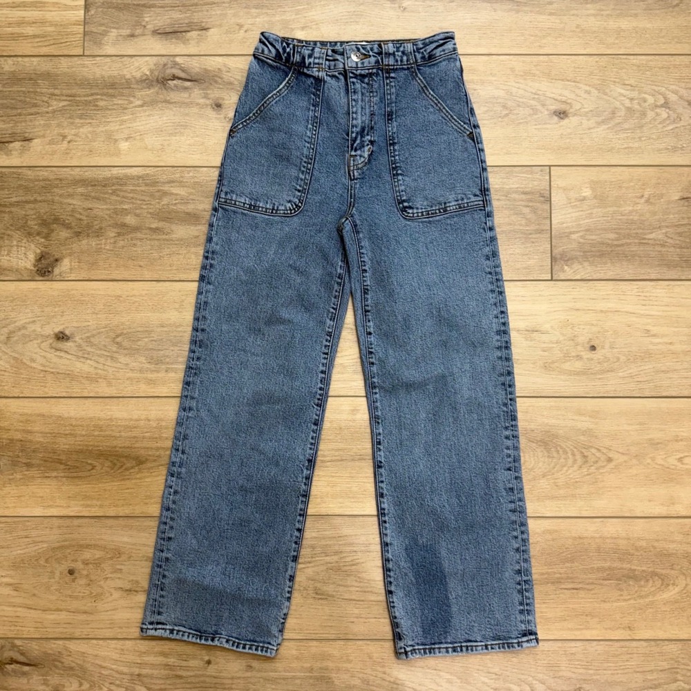 Frame Denim High Rise Utility Wide Leg Patch Pocket Jeans Medium Wash Blue